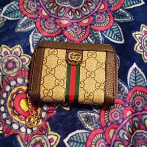 Gucci Beige Monogram Zip Around Wallet with Brown Trim and Green-Red Stripe